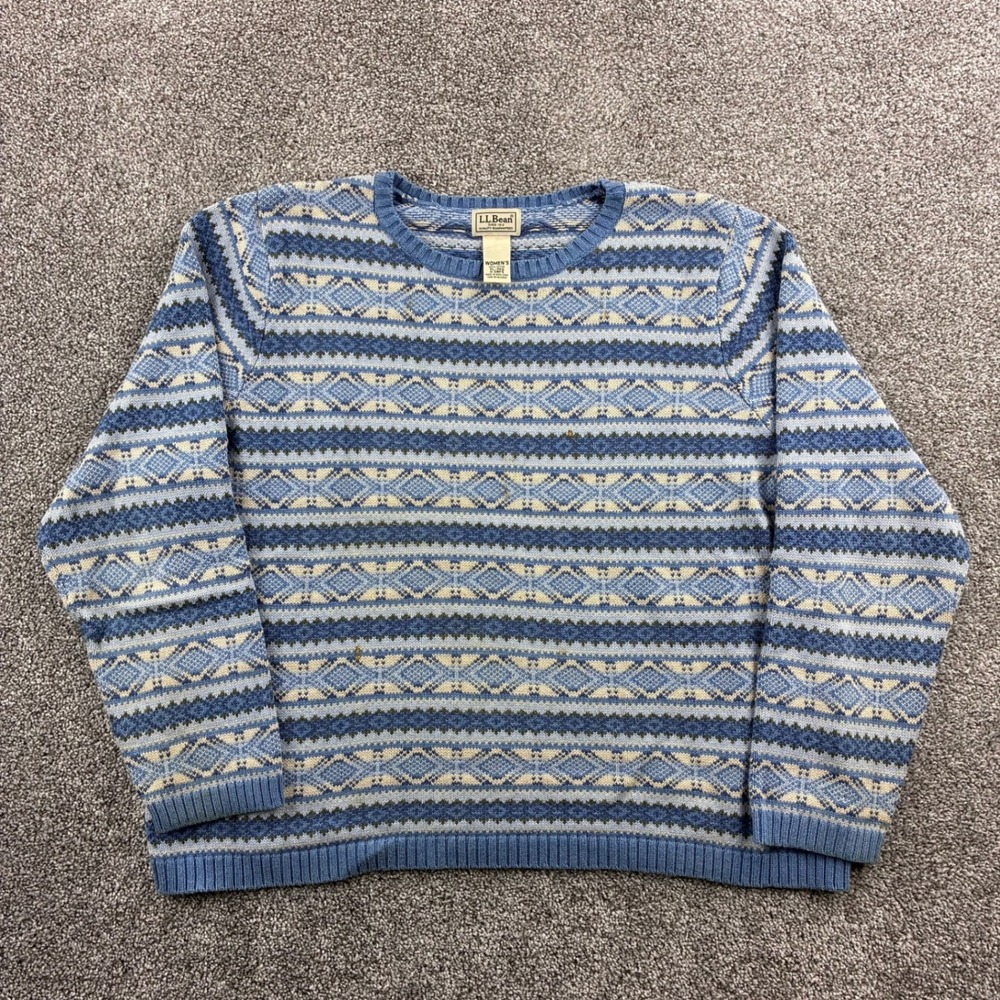L.L. Bean Sweater Women's XL Blue 100% Cotton Fair Isle Knit Pullover O DBF5